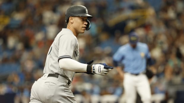 New York Yankees OF Aaron Judge rounds bases after home run against Tampa Bay Rays