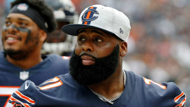 Chicago Bears offensive tackle Jason Peters (71) looks on from the sideline during the second half against the Buffalo Bills at Soldier Field. The Buffalo Bills won 41-15.
