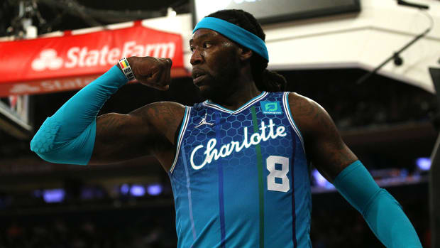 Hornets center Montrezl Harrell (8) reacts after a dunk and a foul against the New York Knicks during the second quarter at Madison Square Garden