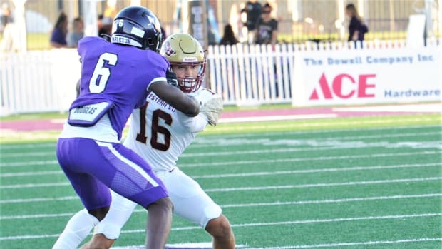 Midwestern State defensive back Dylon Davis (16) tangles with Tarleton State receiver Darius Cooper (6) during a play Saturday, Oct. 23, 2021 at Memorial Stadium in Stephenville.