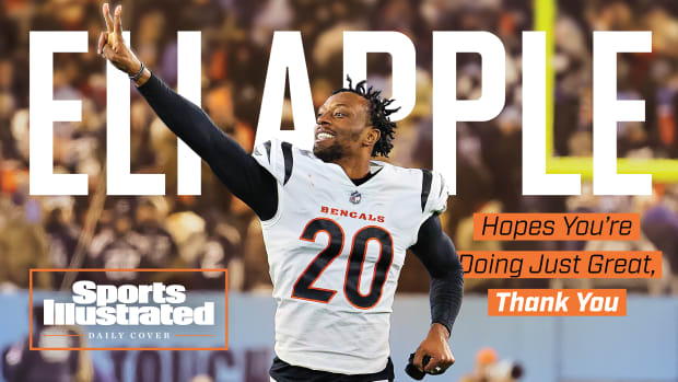 Eli Apple on the SI Daily Cover, signaling peace out to opposing fans