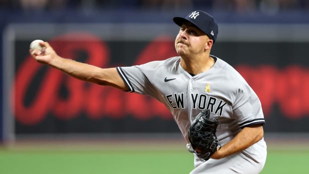New York Yankees reliever Greg Weissert pitching against Tampa Bay Rays