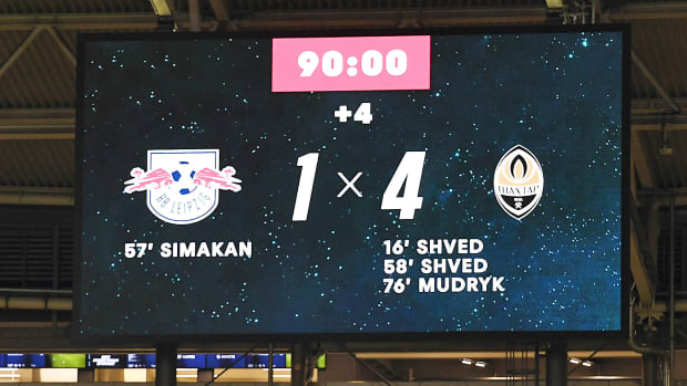 A photo of the scoreboard at Red Bull Arena after Shakhtar Donetsk beat RB Leipzig 4-1 in the Champions League in September 2022