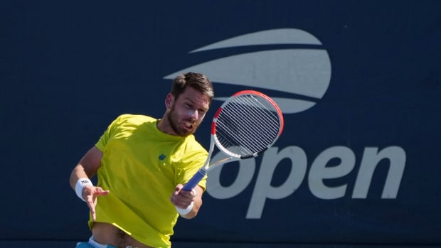 Sep 1, 2022; Flushing, NY, USA; Cameron Norrie of Great Britain hits a shot against Joao Sousa of Portugal on day four of the 2022 U.S. Open tennis tournament at USTA Billie Jean King Tennis Center.
