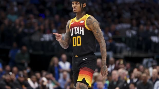 Utah Jazz guard Jordan Clarkson (00) reacts against the Dallas Mavericks during the second quarter in game two of the first round of the 2022 NBA playoffs at American Airlines Center.