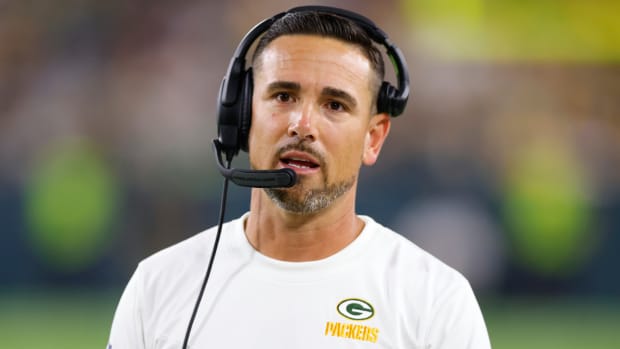 Green Bay Packers head coach Matt LaFleur looks on during the second quarter against the New Orleans Saints at Lambeau Field on Aug. 19, 2022.