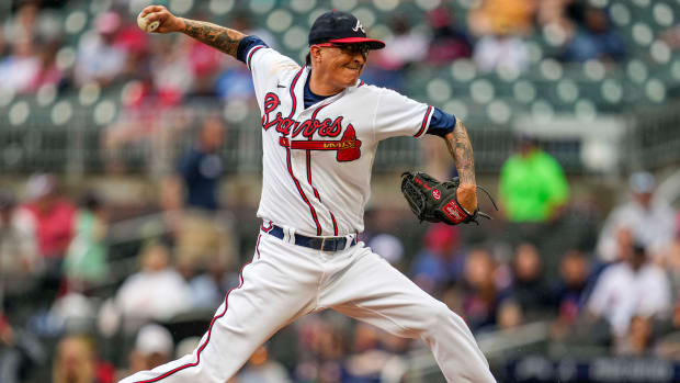 Sep 4, 2022; Cumberland, Georgia, USA; Atlanta Braves relief pitcher Jesse Chavez (60) pitches against the Miami Marlins during the sixth inning at Truist Park.