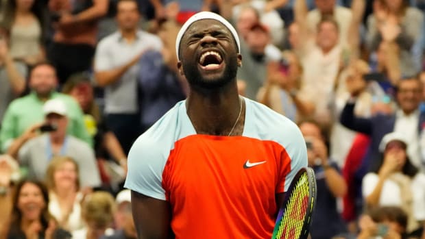 Frances Tiafoe of the USA after beating Andrey Rublev on day ten of the 2022 U.S. Open tennis tournament.
