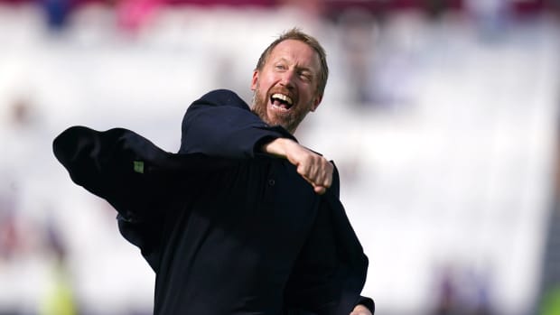 Graham Potter pictured in August 2022 celebrating after Brighton beat West Ham at the London Stadium