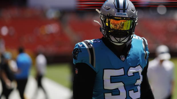 Aug 13, 2022; Landover, Maryland, USA; Carolina Panthers defensive end Brian Burns (53) walks off the field during warmups prior to the Panthers' game against the Washington Commanders at FedExField. Mandatory Credit: Geoff Burke-USA TODAY Sports