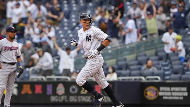 New York Yankees OF Aaron Judge rounds first base on home run