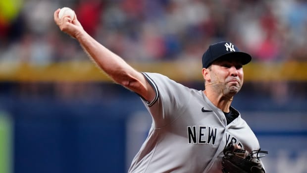 New York Yankees reliever Lou Trivino pitching against Tampa Bay Rays