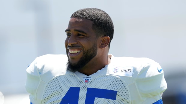 Aug 29, 2022; Thousand Oaks, CA, USA: Los Angeles Rams linebacker Bobby Wagner (45) during training camp at Cal Lutheran University. Mandatory Credit: Kirby Lee-USA TODAY Sports