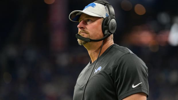 Detroit Lions head coach Dan Campbell watches from the sideline during first half of an NFL preseason football game against the Indianapolis Colts in Indianapolis, Saturday, Aug. 20, 2022. (AP Photo/Doug McSchooler)