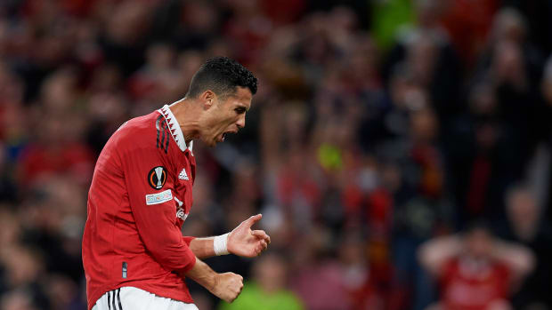 Cristiano Ronaldo pictured looking frustrated during Manchester United's 1-0 loss to Real Sociedad at Old Trafford in September 2022