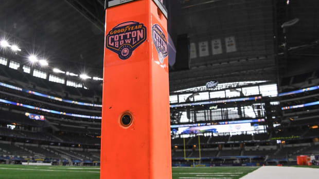 An end zone pylon camera for helping with replays in the end zone before the College Football Playoff Semifinal at the Goodyear Cotton Bowl Classic at AT&T Stadium in Arlington, Texas Saturday, December 29, 2018.Clemson Notre Dame Cotton Bowl Dallas