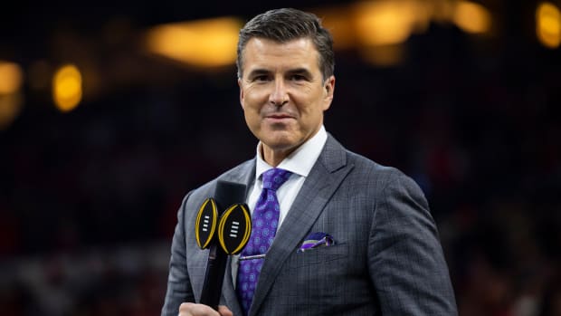 ESPN commentator Rece Davis looks on following the 2022 CFP college football national championship game between Alabama and Georgia.