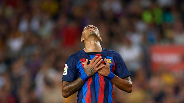 Raphinha pictured during Barcelona's game against Rayo Vallecano in August 2022