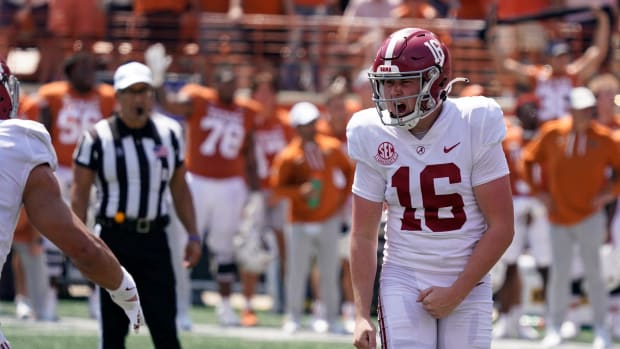 Alabama Crimson Tide kicker Will Reichard (16) reacts after scoring the game winning field goal at the end of the second half against the Texas Longhorns at Darrell K Royal-Texas Memorial Stadium.