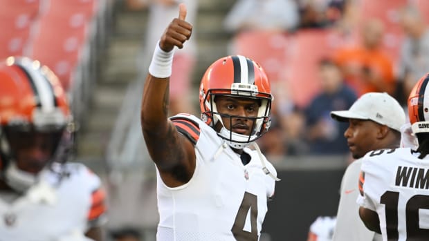 Aug 27, 2022; Cleveland, Ohio, USA; Cleveland Browns quarterback Deshaun Watson (4) gives a thumbs up to fans before the game between the Browns and the Chicago Bears at FirstEnergy Stadium. Mandatory Credit: Ken Blaze-USA TODAY Sports