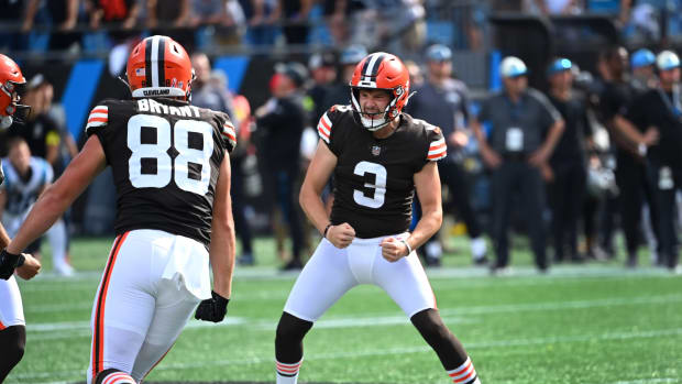 Sep 11, 2022; Charlotte, North Carolina, USA; Cleveland Browns place kicker Cade York (3) reacts with tight end Harrison Bryant (88) after kicking the winning field goal in the last few seconds of the fourth quarter at Bank of America Stadium. Mandatory Credit: Bob Donnan-USA TODAY Sports