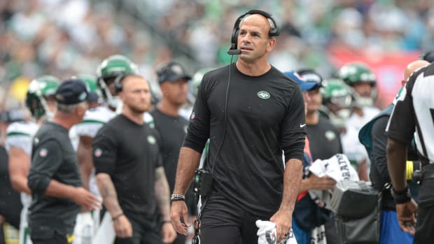 New York Jets head coach Robert Saleh looks up on sideline