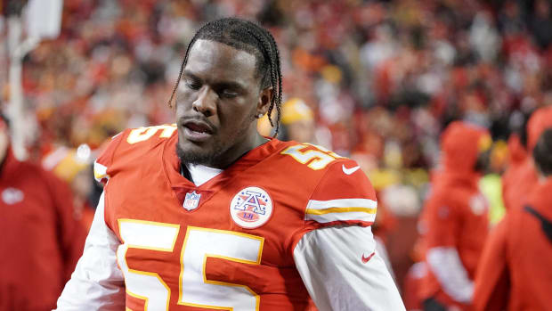 Dec 5, 2021; Kansas City, Missouri, USA; Kansas City Chiefs defensive end Frank Clark (55) on the sidelines against the Denver Broncos during the game at GEHA Field at Arrowhead Stadium. Mandatory Credit: Denny Medley-USA TODAY Sports