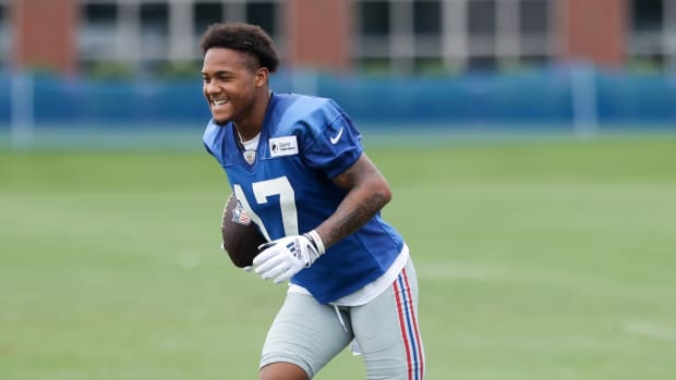 Jul 29, 2022; East Rutherford, NJ, USA; New York Giants wide receiver Wan Dale Robinson (17) smiles during training camp at Quest Diagnostics Training Facility.