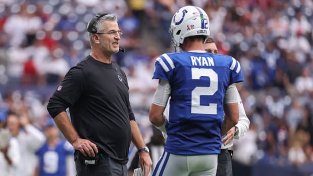 Sep 11, 2022; Houston, Texas, USA; Indianapolis Colts head coach Frank Reich talks with quarterback Matt Ryan (2) during overtime against the Houston Texans at NRG Stadium.