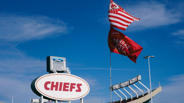 Jan 30, 2022; Kansas City, Missouri, USA; Kansas City Chiefs flags are flown in the parking lot before the game against the Cincinnati Bengals at GEHA Field at Arrowhead Stadium. Mandatory Credit: Jay Biggerstaff-USA TODAY Sports