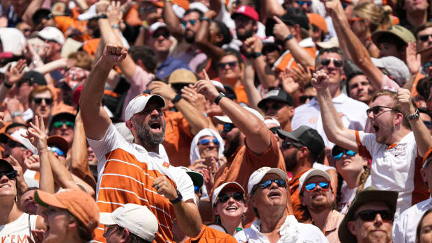 A Texas fan celebrates an Alabama fumble that was recovered by the Longhorns during the game at Royal Memorial Stadium on Sep. 10, 2022. Aem Texas Vs Alabama 4
