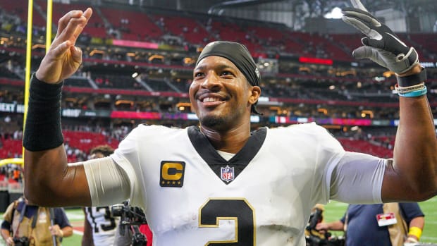Saints quarterback Jameis Winston celebrates their come-from-behind win over the Falcons.