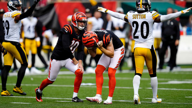Sep 11, 2022; Cincinnati, Ohio, USA; Cincinnati Bengals place kicker Evan McPherson (2) reacts after missing a field goal during the overtime period of a Week 1 NFL football game against the Pittsburgh Steelers at Paycor Stadium.