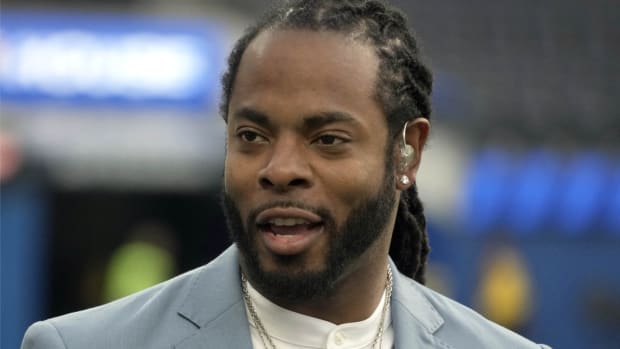 Aug 19, 2022; Inglewood, California, USA; Richard Sherman attends the game between the Los Angeles Rams and the Houston Texans at SoFi Stadium. Mandatory Credit: Kirby Lee-USA TODAY Sports