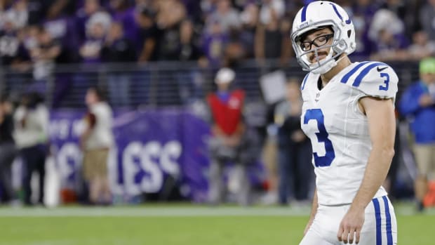 Colts kicker Rodrigo Blankenship shakes his head after missing a kick vs. Baltimore in a 2021 game.