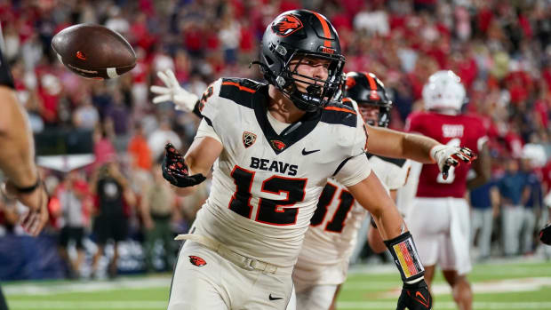 Oregon State's Jack Colletto celebrates scoring the game-winning touchdown at Frensno State.