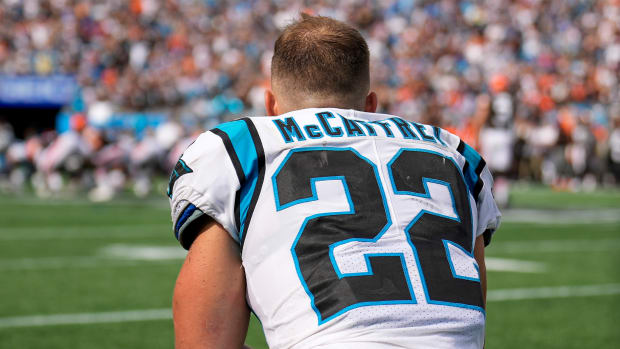 Sep 11, 2022; Charlotte, North Carolina, USA; Carolina Panthers running back Christian McCaffrey (22) watches the defense after taking a one point lead over Cleveland Browns during the second half at Bank of America Stadium.