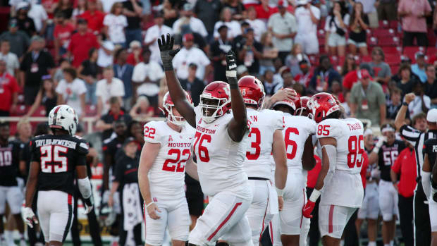 Sep 10, 2022; Lubbock, Texas, USA; Houston Cougars offensive lineman Patrick Paul (76) reacts in the second half after a field goal against the Texas Tech Red Raiders at Jones AT&T Stadium and Cody Campbell Field.