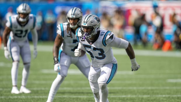 Sep 11, 2022; Charlotte, North Carolina, USA; Carolina Panthers defensive end Brian Burns (53) attacks the corner during the second half against the Cleveland Browns at Bank of America Stadium.