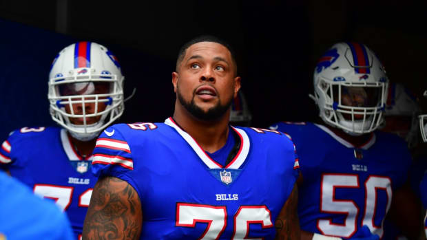 Buffalo Bills guard Rodger Saffold (76) entire the field in the game against the Los Angeles Rams at SoFi Stadium.