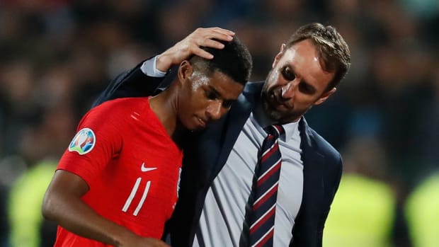 England manager Gareth Southgate (right) pictured with Marcus Rashford in October 2019