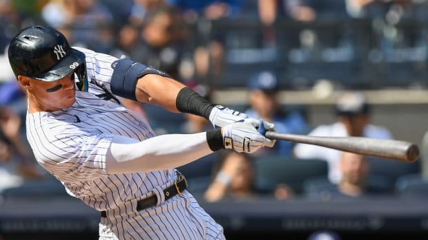 Sep 10, 2022; Bronx, New York, USA; New York Yankees center fielder Aaron Judge (99) hits a single against the Tampa Bay Rays during the sixth inning at Yankee Stadium.