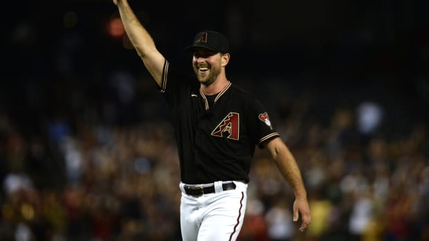 Tyler Gilbert celebrates after throwing a no-hitter against the Padres.