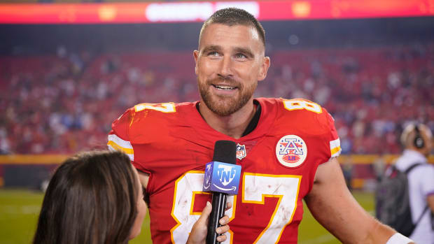 Sep 15, 2022; Kansas City, Missouri, USA; Kansas City Chiefs tight end Travis Kelce (87) is interviewed post game following the victory against the Los Angeles Chargers at GEHA Field at Arrowhead Stadium. Mandatory Credit: Jay Biggerstaff-USA TODAY Sports