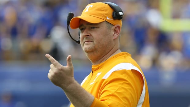 Tennessee head football coach Josh Heupel gestures on the sidelines during a game against Pittsburgh.