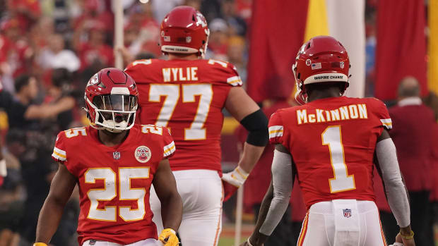 Sep 15, 2022; Kansas City, Missouri, USA; Kansas City Chiefs running back Clyde Edwards-Helaire (25) and running back Jerick McKinnon (1) are introduced before playing against the Los Angeles Chargers at GEHA Field at Arrowhead Stadium. Mandatory Credit: Denny Medley-USA TODAY Sports