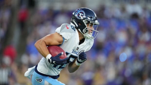 Tennessee Titans wide receiver Kyle Philips (18) runs during the first quarter of a preseason game against the Baltimore Ravens at M&T Bank Stadium.
