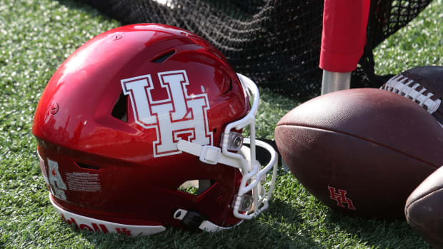 Sep 10, 2022; Lubbock, Texas, USA; A Houston Cougars football helmet in the second half on the sidelines during the game against the Texas Tech Red Raiders at Jones AT&T Stadium and Cody Campbell Field. Mandatory Credit: Michael C. Johnson-USA TODAY Sports