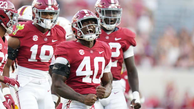 Alabama Crimson Tide linebacker Kendrick Blackshire (40) reacts after a play against the UL Monroe Warhawks during the second half at Bryant-Denny Stadium.