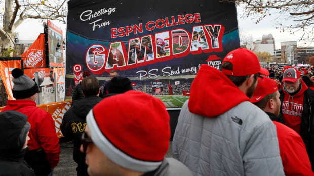 Fans gather for the ESPN College GameDay broadcast prior to the NCAA football game between the Ohio State Buckeyes and the Michigan State Spartans at Ohio Stadium in Columbus on Saturday, Nov. 20, 2021. Michigan State Spartans At Ohio State Buckeyes Football